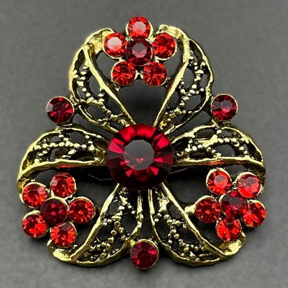Yellow Gold with Ruby Red and Garnet Red Crystal Flower Pin Back Brooch